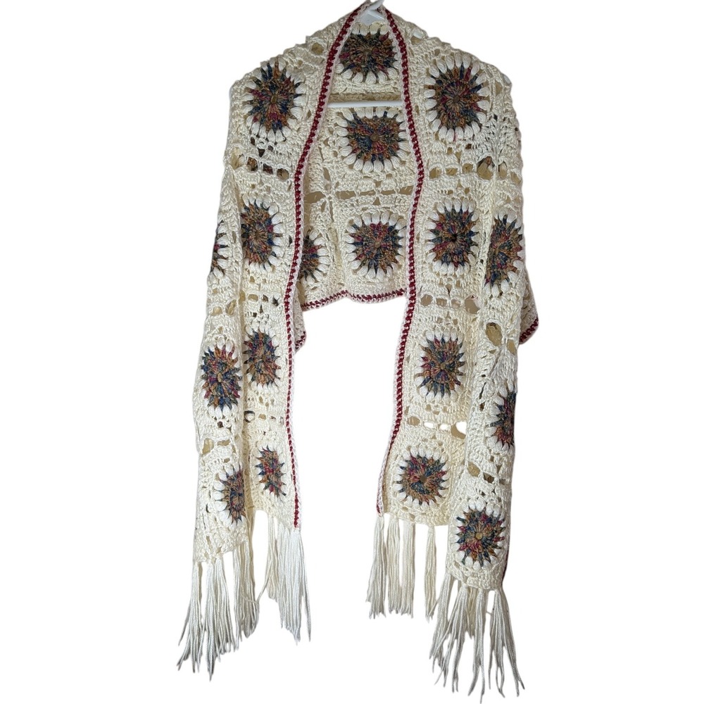 Handmade Granny Square Crochet Shawl Earth Tones Cream Fringe‎ Boho Gypsy Hippie